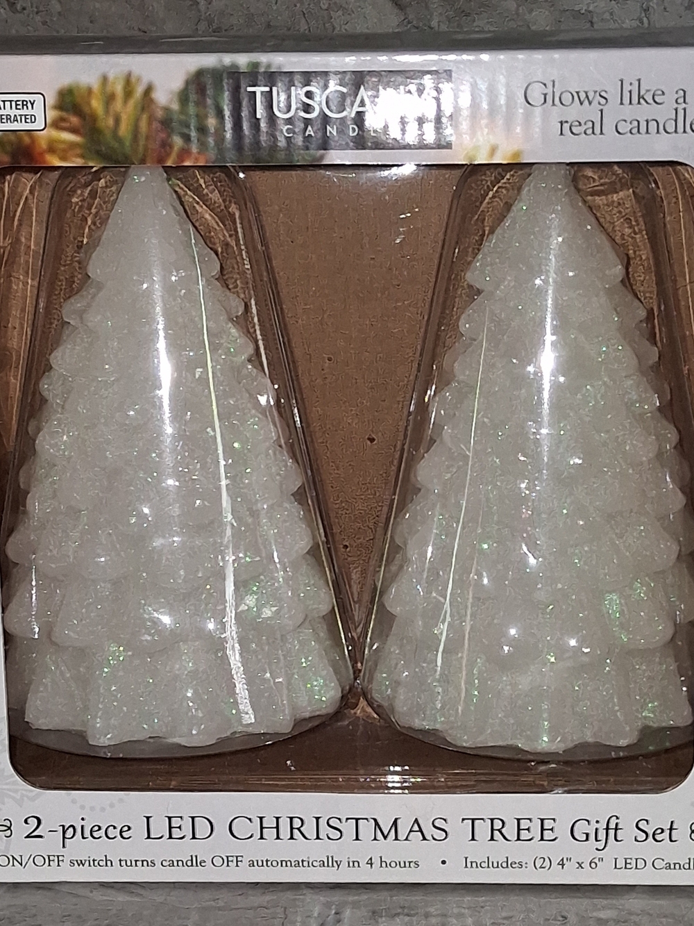Tuscany Candles 2-Piece 4"x 6" LED Glitter Christmas Tree Set - White NEW IN BOX